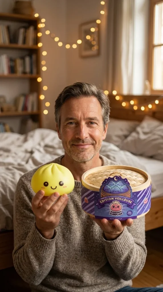 Dumpling Squishy -yövalo, Aurinkoinen Keltainen ja bambutyylinen höyrykori — asiakaskuva