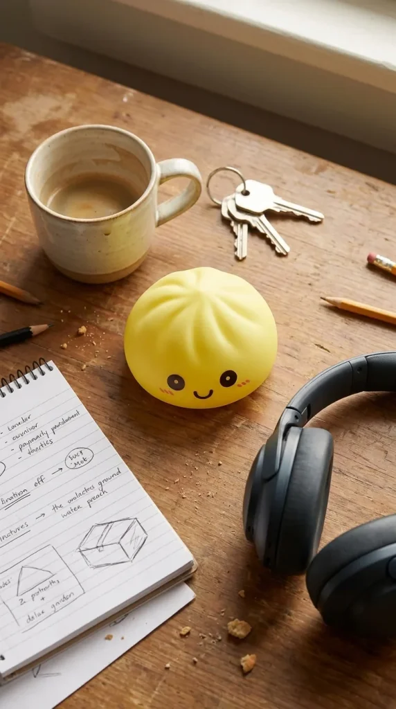 Dumpling Squishy -yövalo, Aurinkoinen Keltainen työpöydällä — asiakaskuva