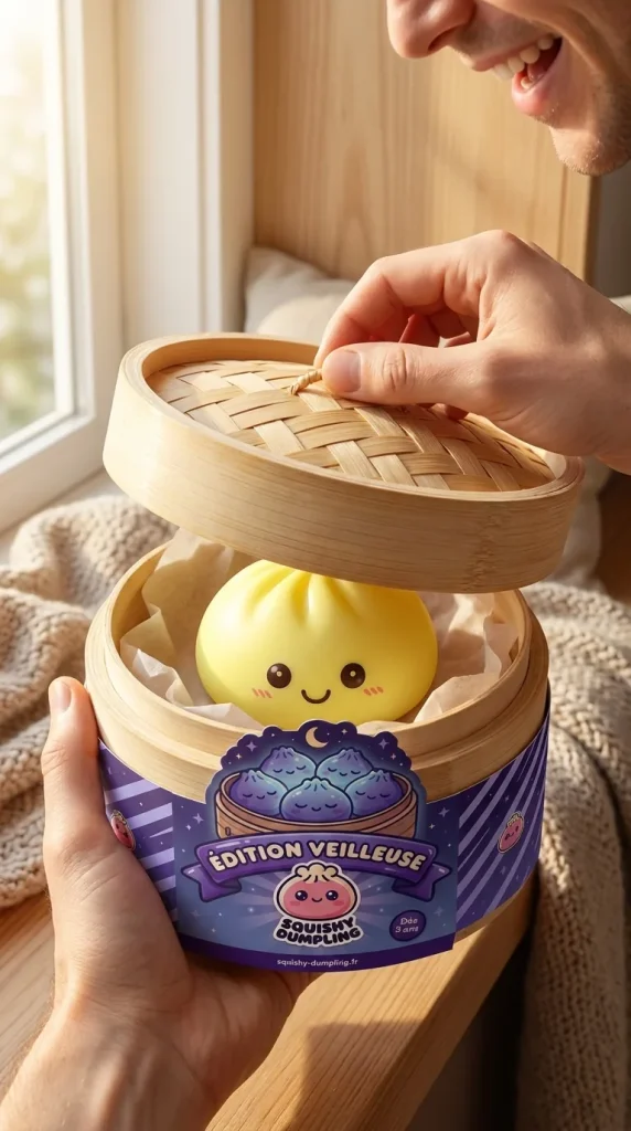 Dumpling Squishy -yövalo, Aurinkoinen Keltainen — unboxing, asiakaskuva