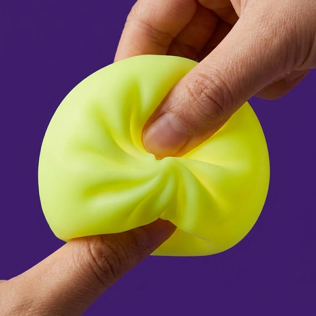 Dumpling Squishy -yövalo, Aurinkoinen Keltainen puristettuna kädessä, squishy-materiaali