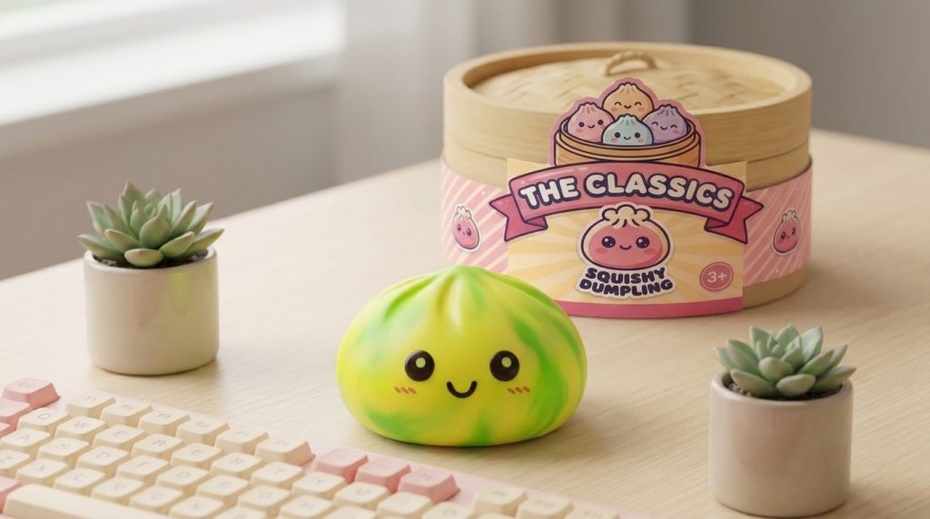 Tie Dye Dumpling Squishy Keltainen arkisessa asetelmassa