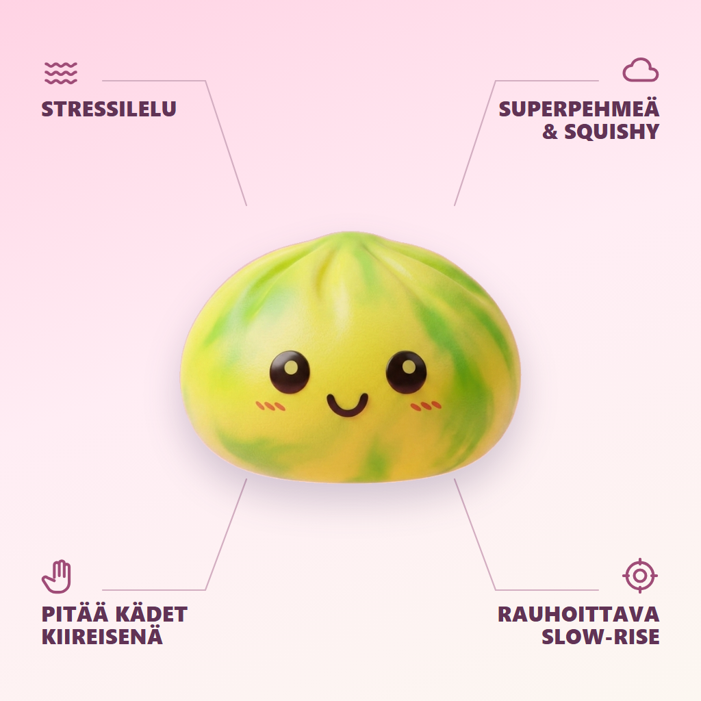 Tie Dye Dumpling Squishy Keltainen infografiikka: tärkeimmät edut