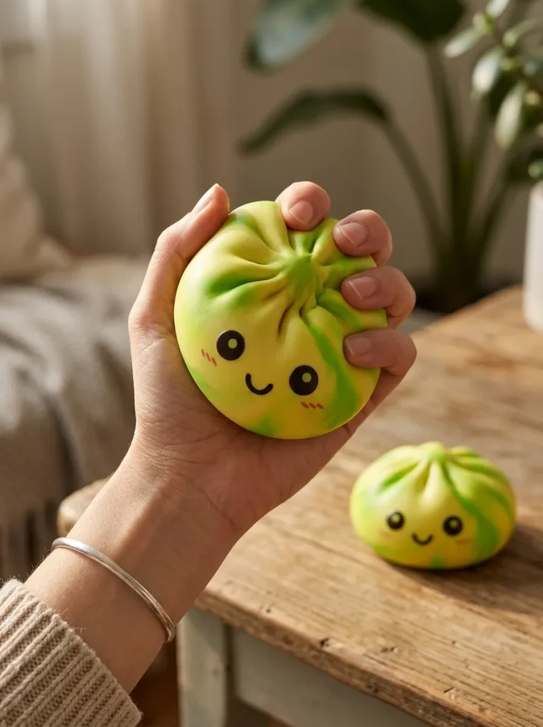 Tie Dye Dumpling Squishy Keltainen puristuksessa
