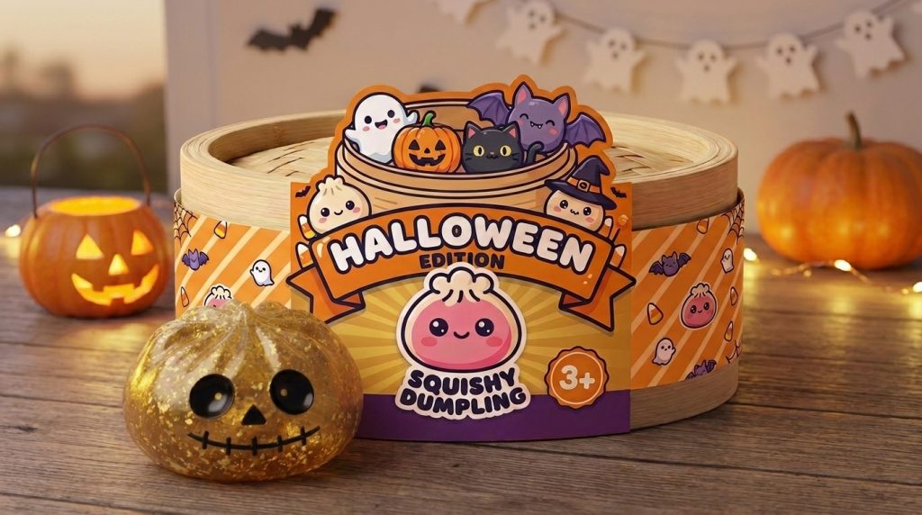Dumpling Squishy Zombie Halloween Glitter Kulta arkisessa asetelmassa
