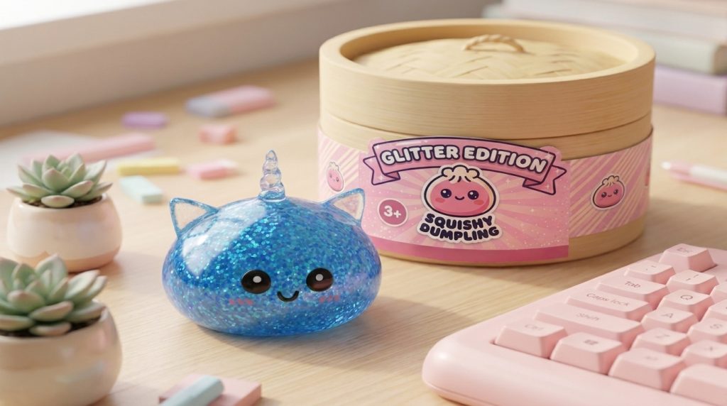 Glitter Dumpling Squishy Sininen Yksisarvinen arkisessa asetelmassa