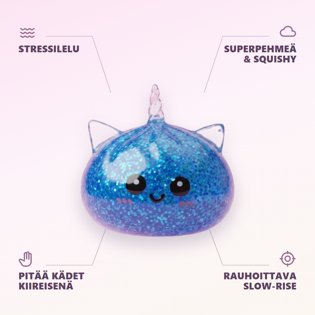 Glitter Dumpling Squishy Sininen Yksisarvinen infografiikka: tärkeimmät edut