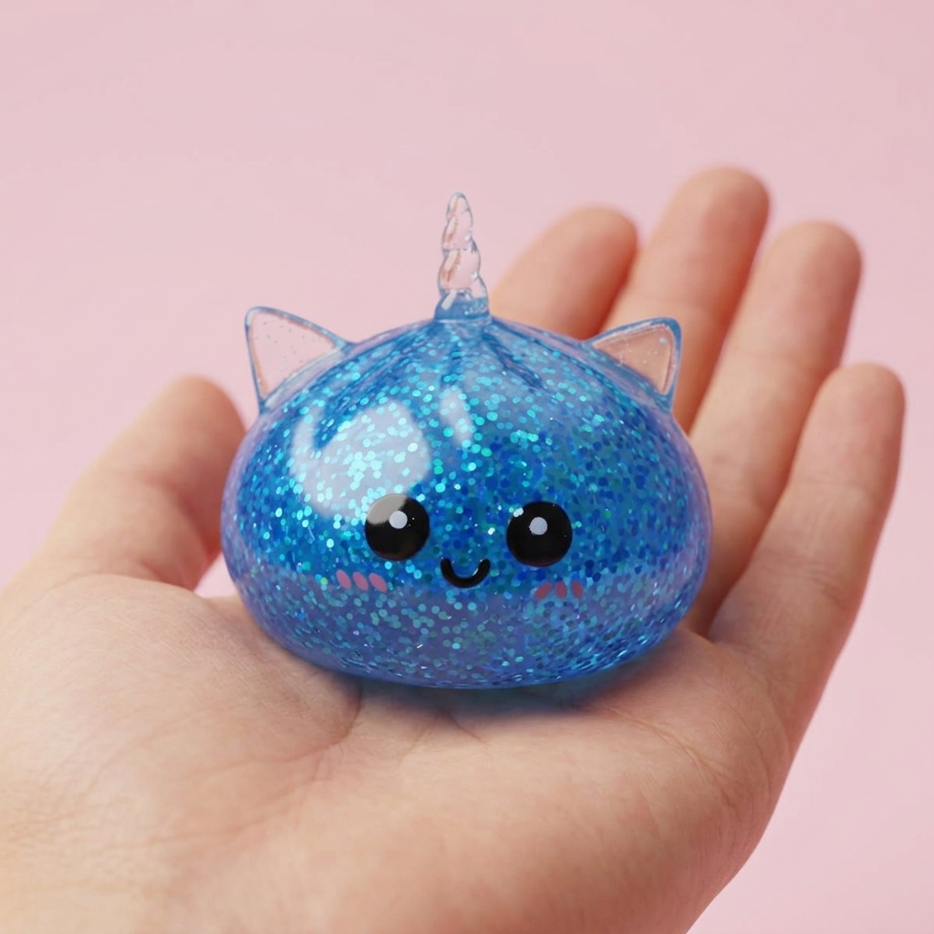 Glitter Dumpling Squishy Sininen Yksisarvinen kädessä — kokovertailu