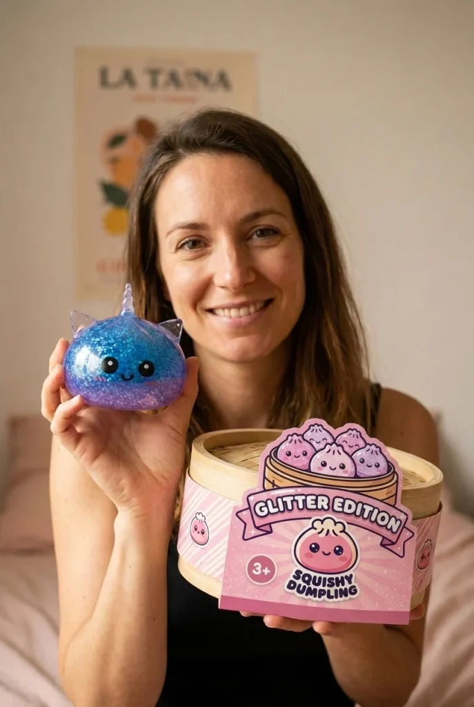 Glitter Dumpling Squishy Sininen Yksisarvinen pakkauksensa kanssa