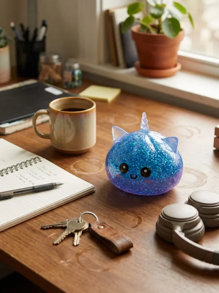 Glitter Dumpling Squishy Sininen Yksisarvinen työpöydällä