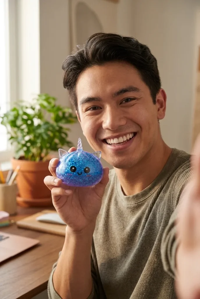Glitter Dumpling Squishy Sininen Yksisarvinen arjen keskellä