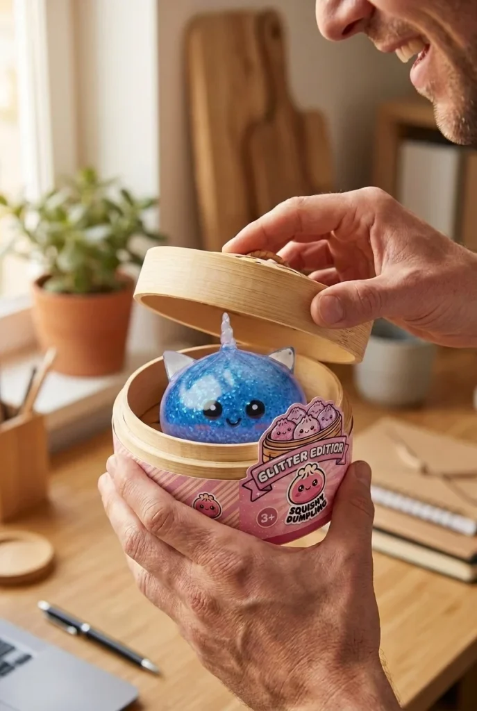Glitter Dumpling Squishy Sininen Yksisarvinen avauksen hetkellä