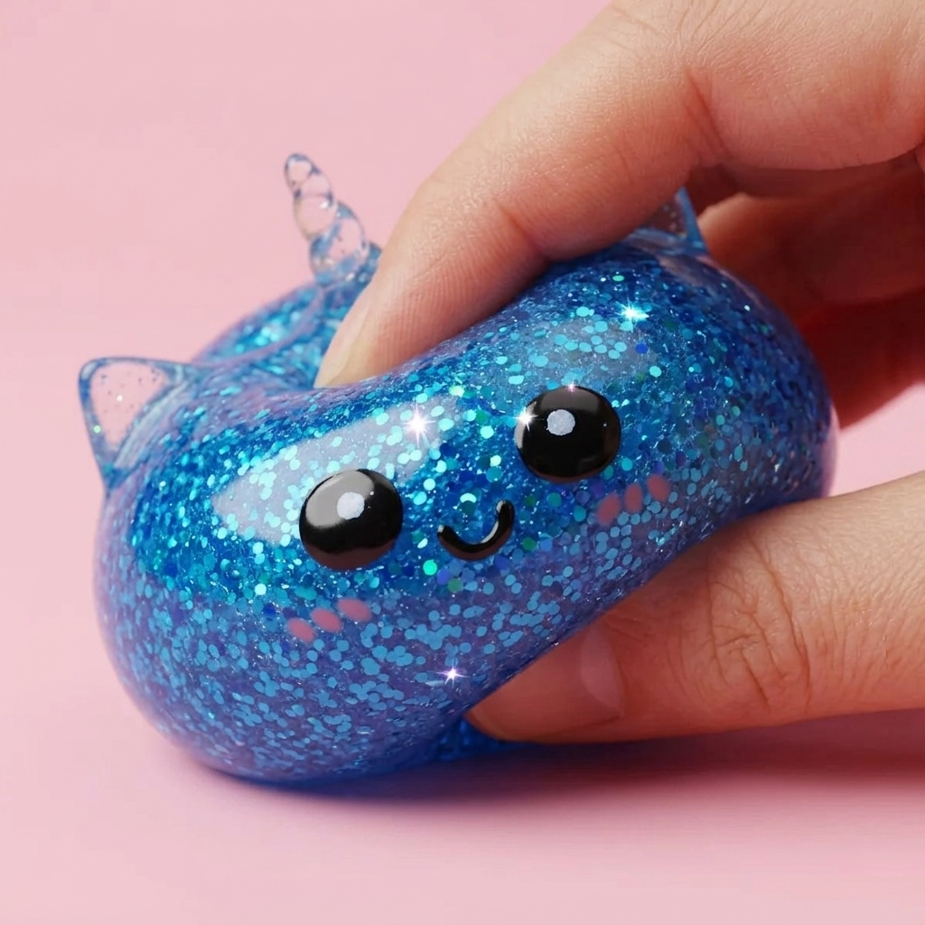 Glitter Dumpling Squishy Sininen Yksisarvinen slow rise -efekti toiminnassa
