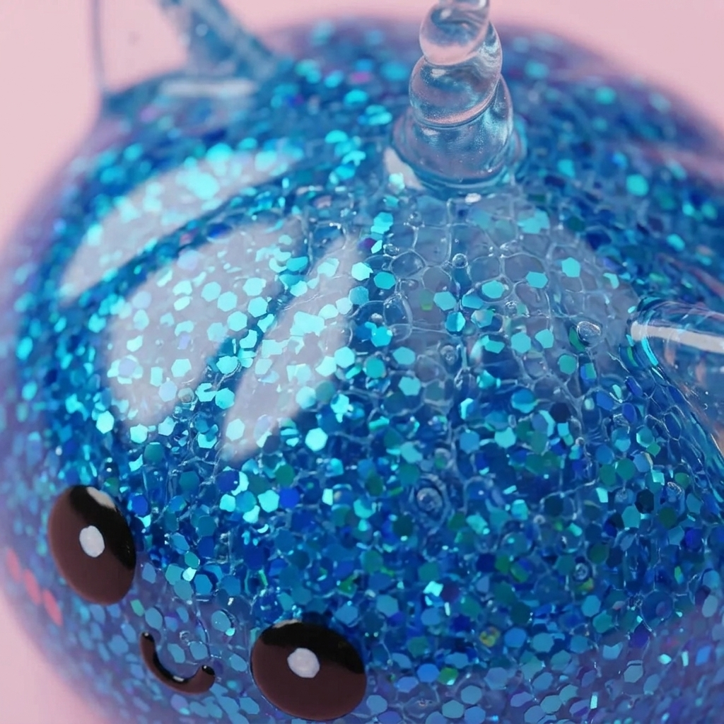 Glitter Dumpling Squishy Sininen Yksisarvinen makrokuva vaahdon pinnasta
