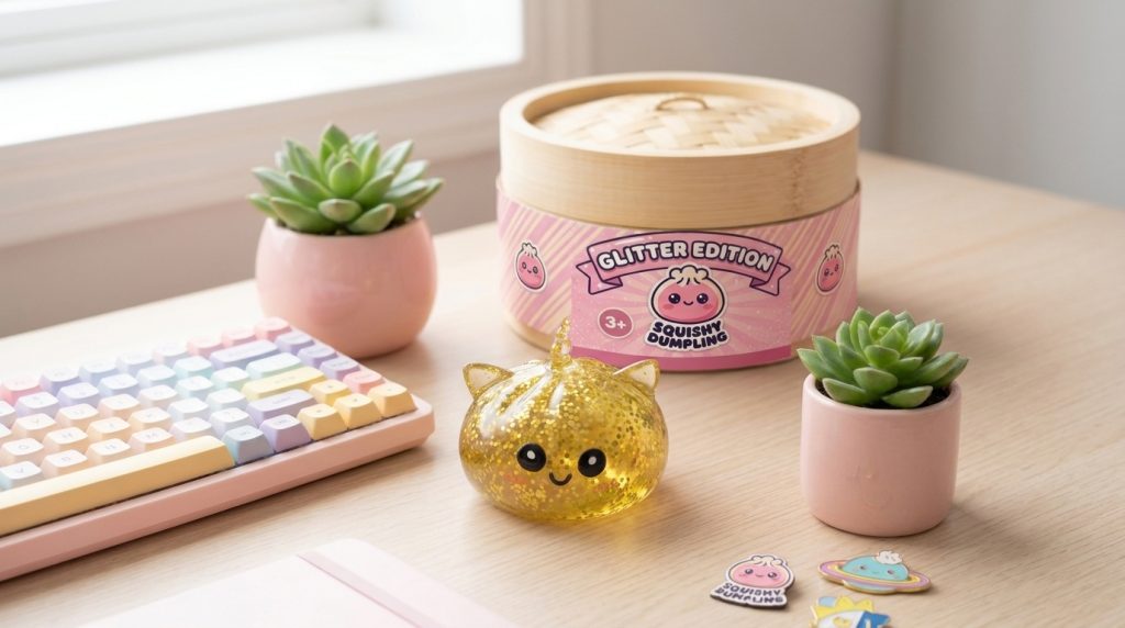 Kultainen Yksisarvinen Dumpling Squishy Glitter arkisessa asetelmassa