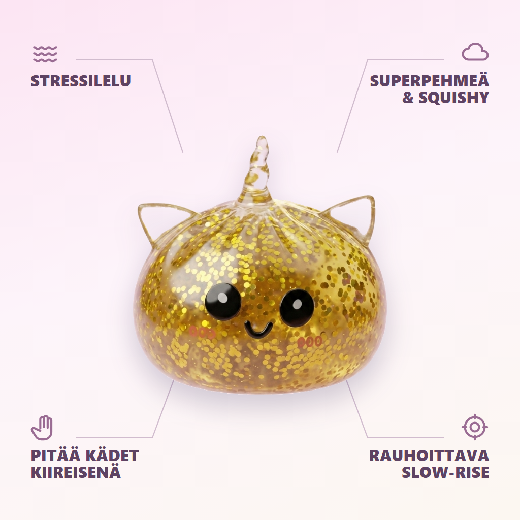 Kultainen Yksisarvinen Dumpling Squishy Glitter infografiikka: tärkeimmät edut