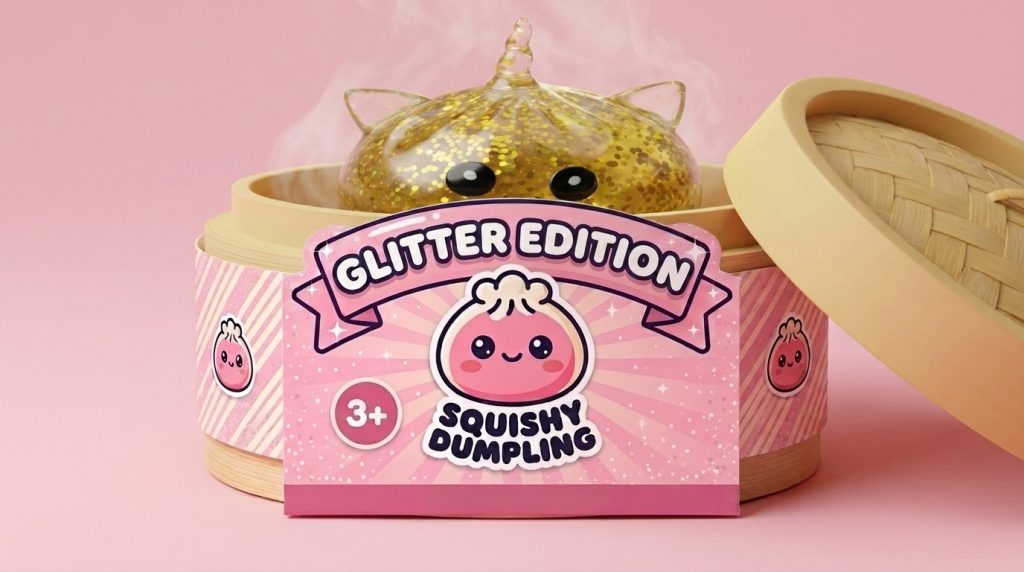 Kultainen Yksisarvinen Dumpling Squishy Glitter bambutyylisessä höyrytyskorissa