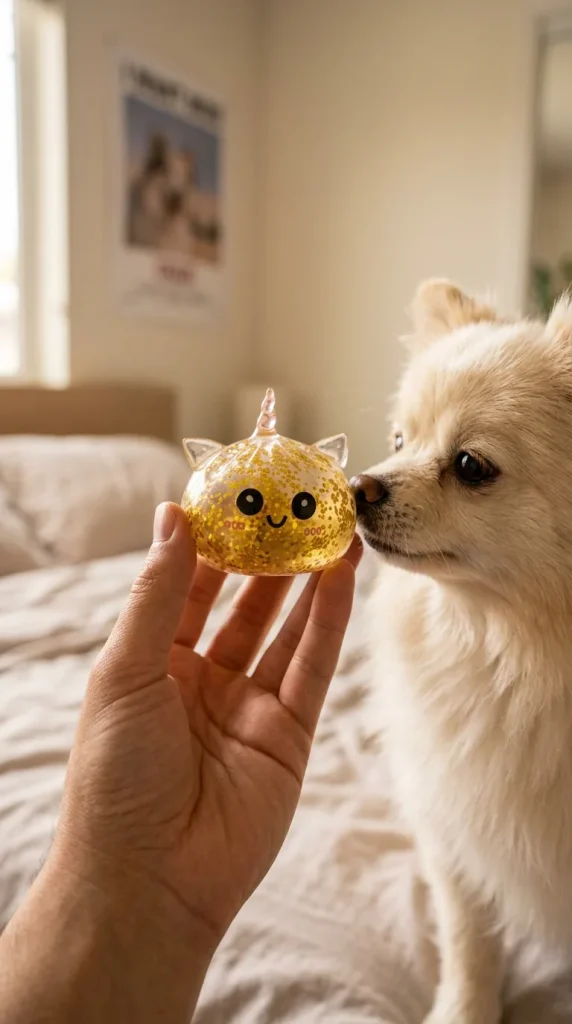 Kultainen Yksisarvinen Dumpling Squishy Glitter pehmolelun seurassa