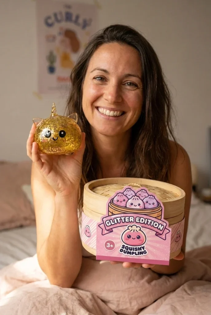 Kultainen Yksisarvinen Dumpling Squishy Glitter pakkauksensa kanssa