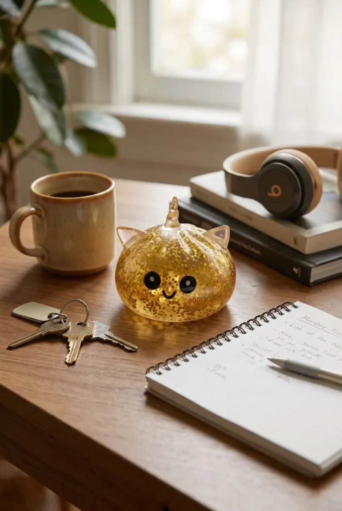 Kultainen Yksisarvinen Dumpling Squishy Glitter työpöydällä