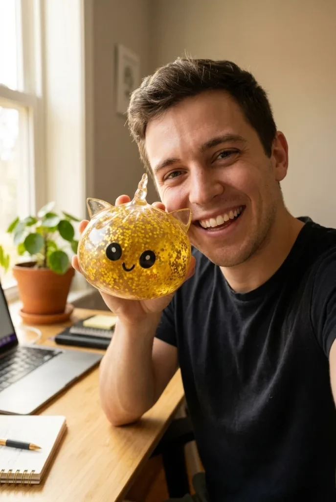 Kultainen Yksisarvinen Dumpling Squishy Glitter arjen keskellä