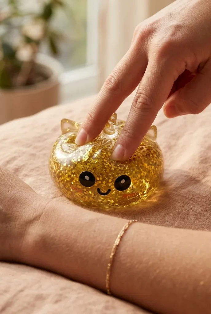 Kultainen Yksisarvinen Dumpling Squishy Glitter puristuksessa