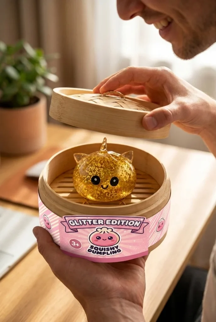 Kultainen Yksisarvinen Dumpling Squishy Glitter avauksen hetkellä