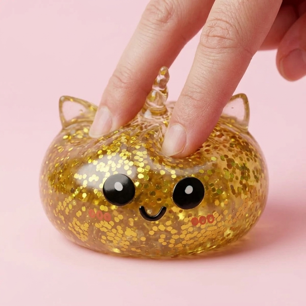 Kultainen Yksisarvinen Dumpling Squishy Glitter puristettuna kädessä