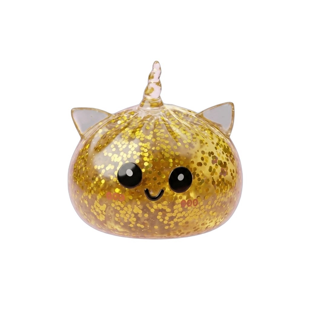 Kultainen Yksisarvinen Dumpling Squishy Glitter puristettuna kädessä
