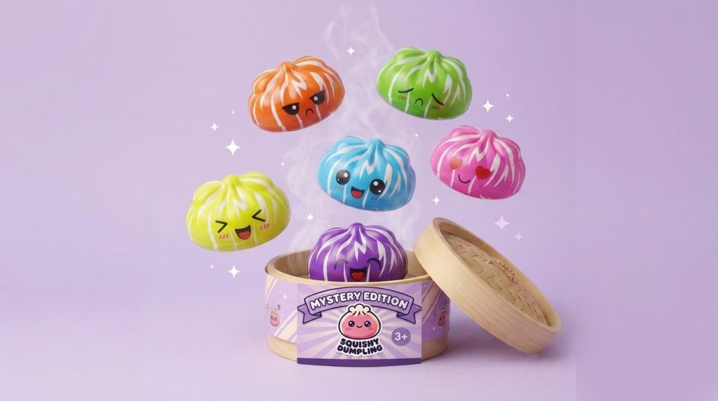Squishy Dumpling Mystery Happy Faces -yllätyspakkaus puristettuna kädessä