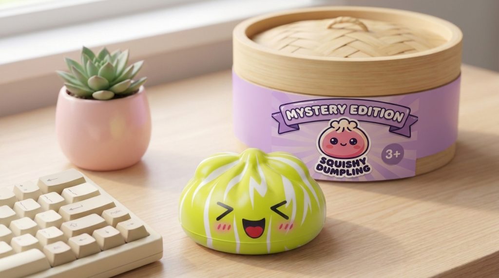 Squishy Dumpling Mystery Happy Faces -yllätyspakkaus arkisessa asetelmassa