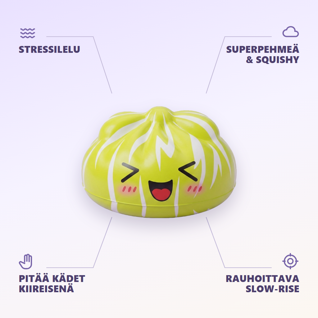 Squishy Dumpling Mystery Happy Faces -yllätyspakkaus infografiikka: tärkeimmät edut