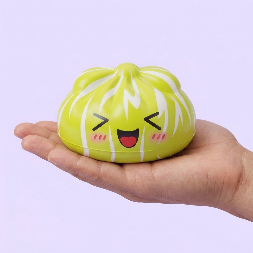 Squishy Dumpling Mystery Happy Faces -yllätyspakkaus kädessä — kokovertailu
