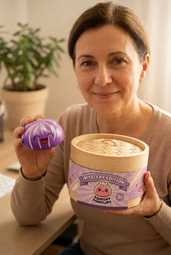 Squishy Dumpling Mystery Happy Faces -yllätyspakkaus pakkauksensa kanssa