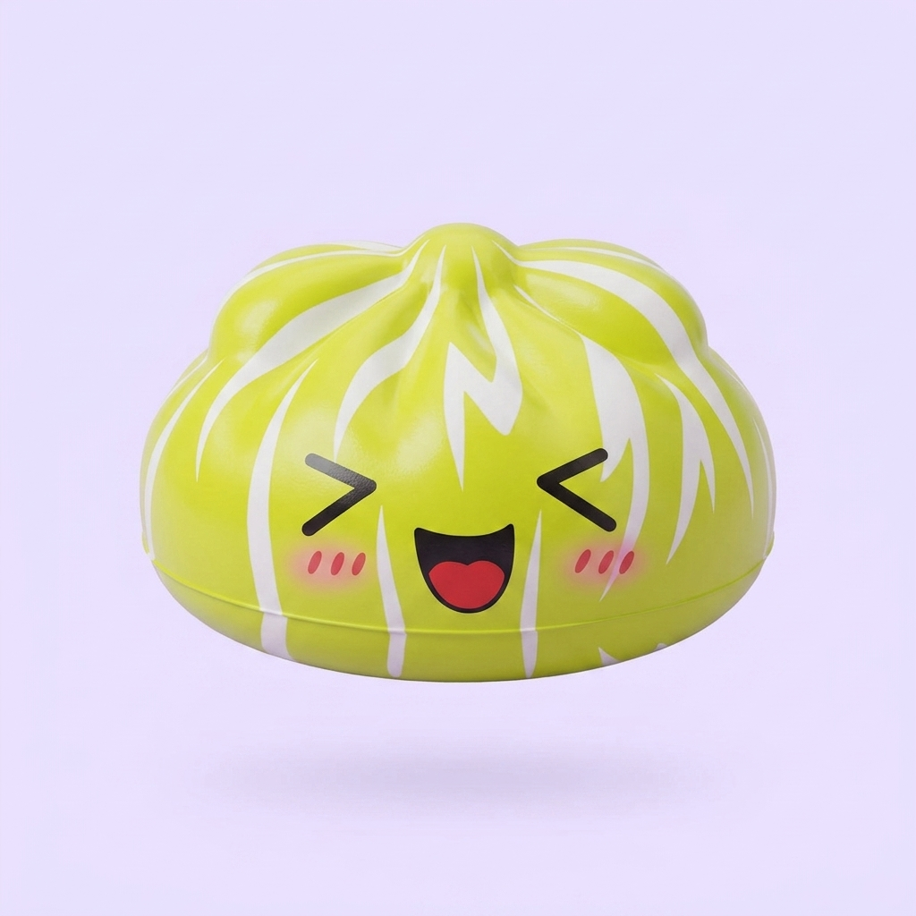 Squishy Dumpling Mystery Happy Faces -yllätyspakkaus puristettuna kädessä