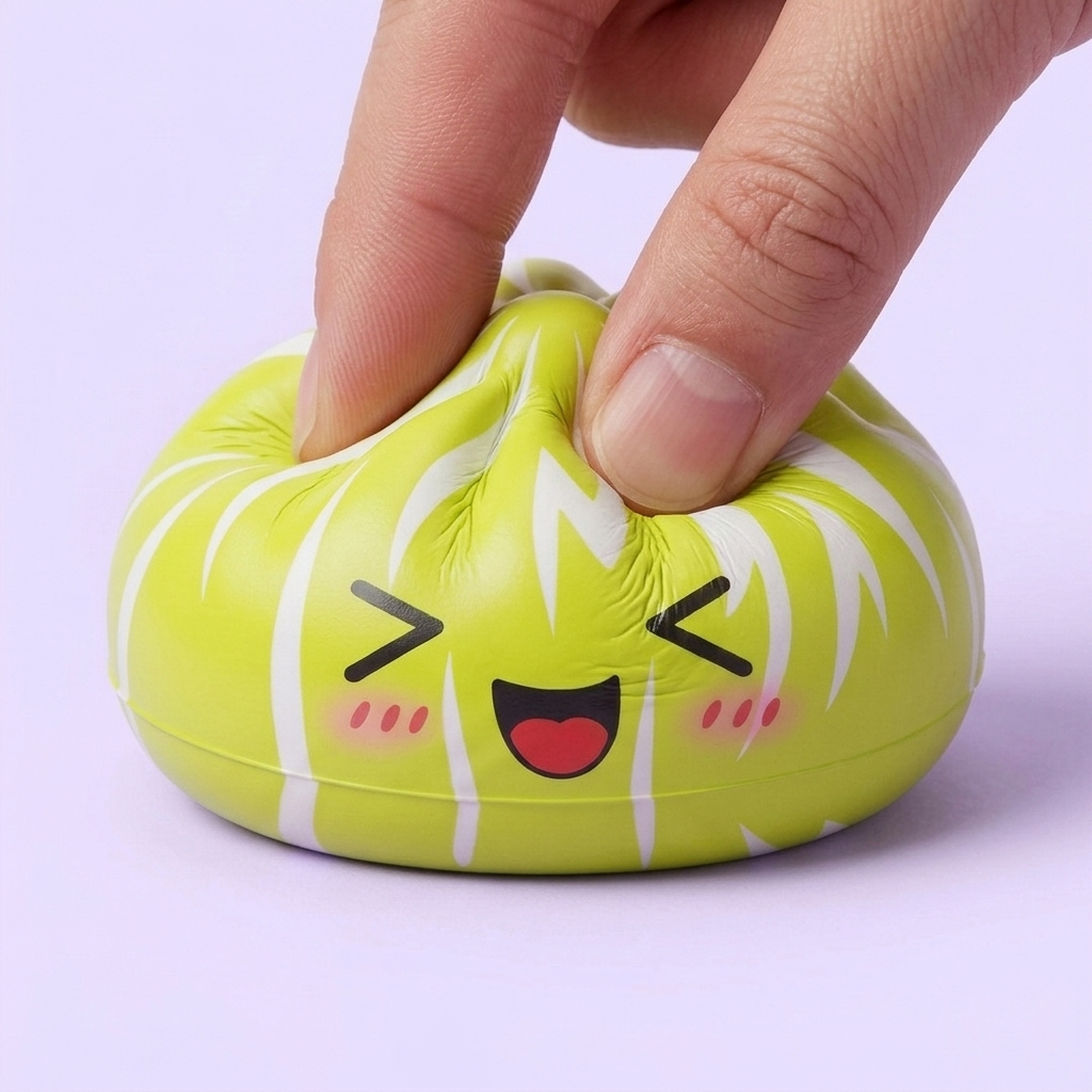 Squishy Dumpling Mystery Happy Faces -yllätyspakkaus puristettuna kädessä