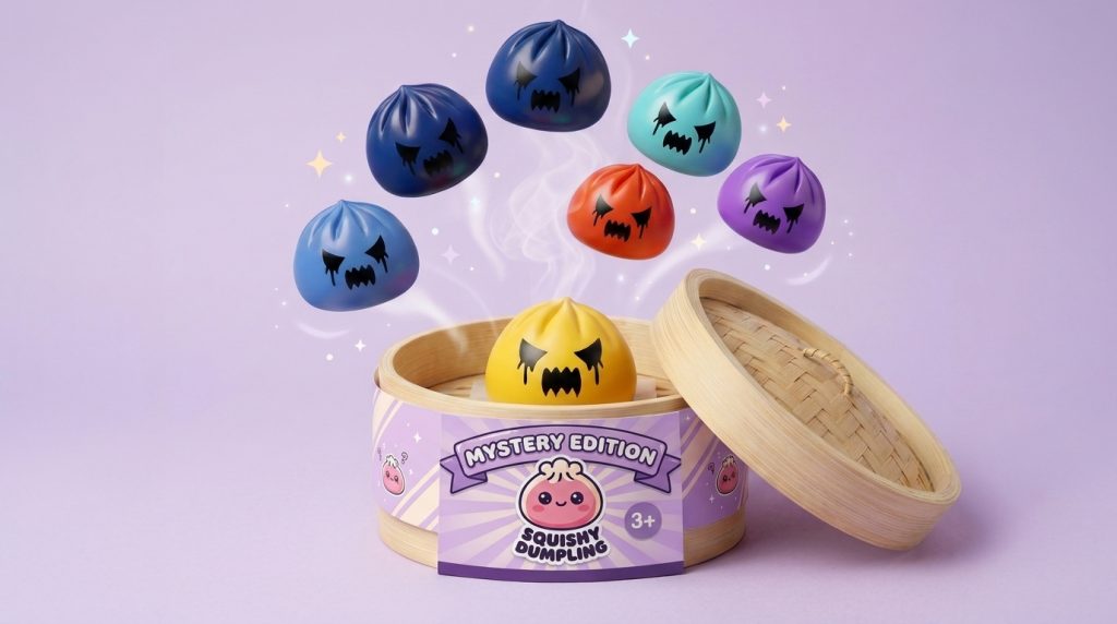 Squishy Dumpling Aave Mystery puristettuna kädessä