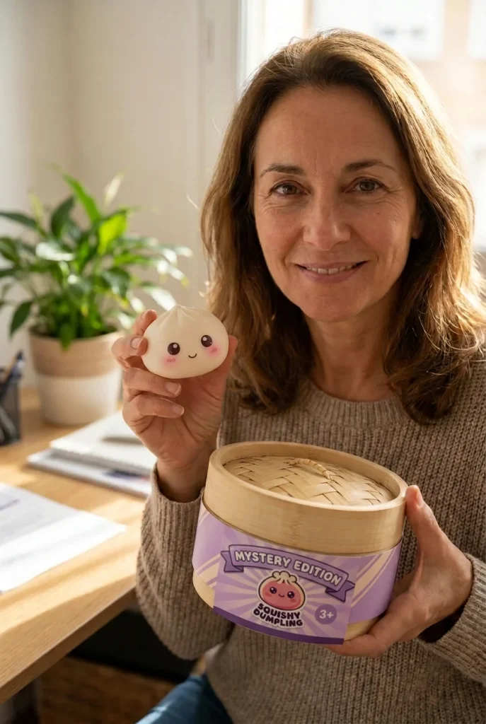Dumpling Squishy Mystery Pop Isot Silmät pakkauksensa kanssa