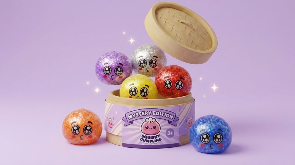 Dumpling Squishy Mystery Puppy Eyed -yllätyspakkaus puristettuna kädessä