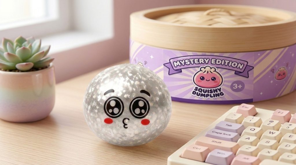 Dumpling Squishy Mystery Puppy Eyed -yllätyspakkaus arkisessa asetelmassa