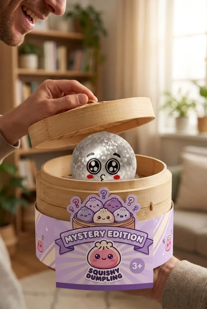 Dumpling Squishy Mystery Puppy Eyed -yllätyspakkaus avauksen hetkellä