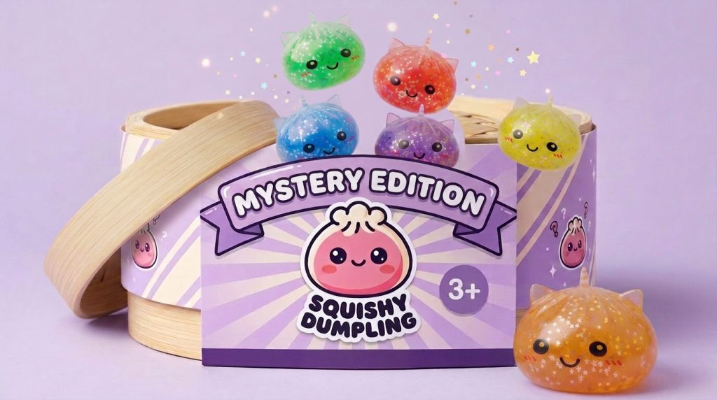 Squishy Dumpling Yksisarvinen Mystery Glitter puristettuna kädessä