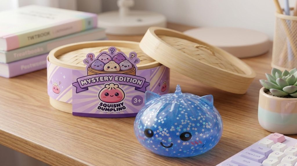 Squishy Dumpling Yksisarvinen Mystery Glitter arkisessa asetelmassa