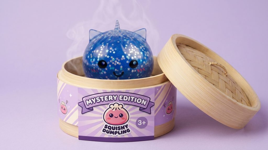 Squishy Dumpling Yksisarvinen Mystery Glitter bambutyylisessä höyrytyskorissa