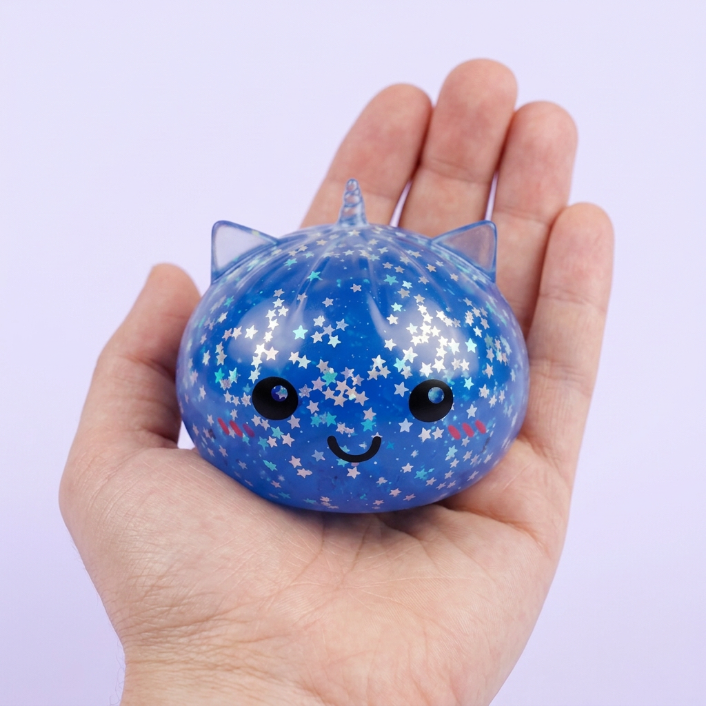Squishy Dumpling Yksisarvinen Mystery Glitter kädessä — kokovertailu