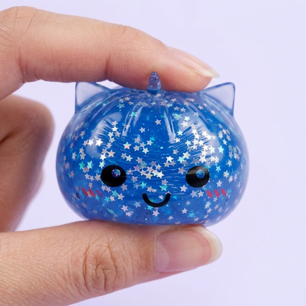 Squishy Dumpling Yksisarvinen Mystery Glitter puristettuna kädessä