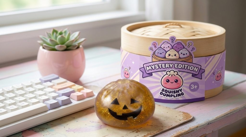 Squishy Dumpling Vampire Mystery Karmiininpunainen arkisessa asetelmassa