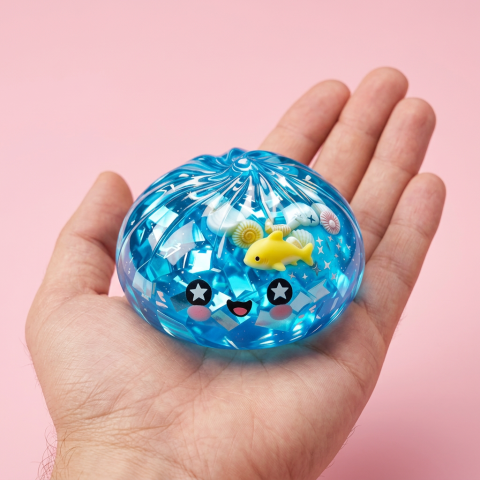Glitter Dumpling Squishy Ocean Koralliriutta kädessä — kokovertailu