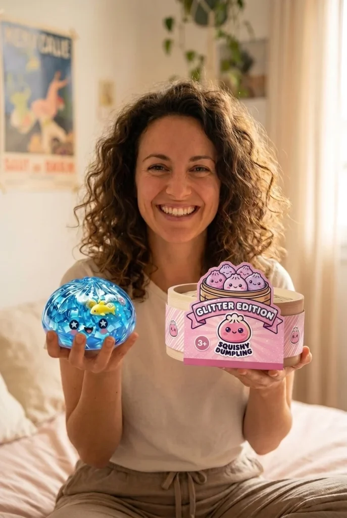 Glitter Dumpling Squishy Ocean Koralliriutta pakkauksensa kanssa