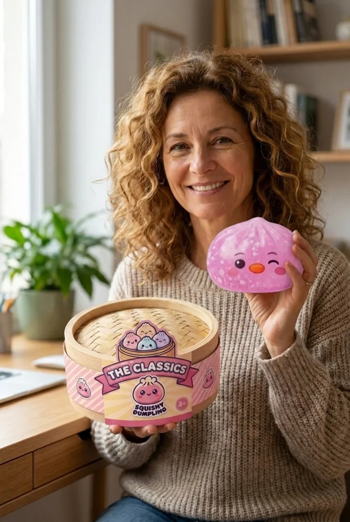 Penguin Dumpling Squishy Karkkipinkki pakkauksensa kanssa
