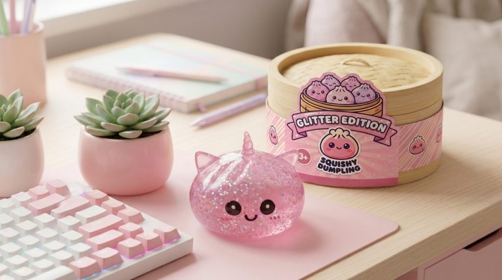 Unicorn Glitter Dumpling Squishy Pinkki arkisessa asetelmassa
